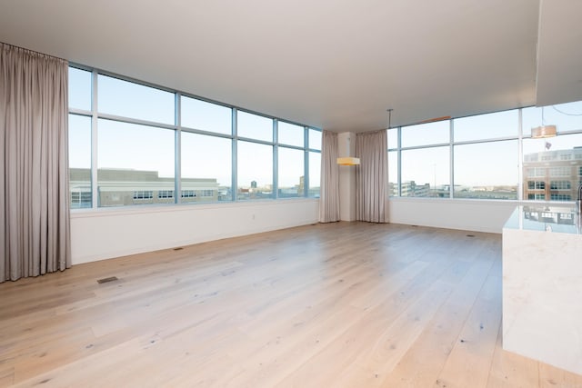 unfurnished living room featuring a wealth of natural light and light hardwood / wood-style flooring