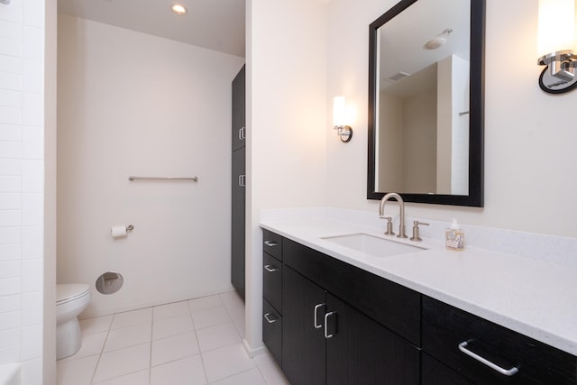 bathroom with tile patterned flooring, vanity, and toilet