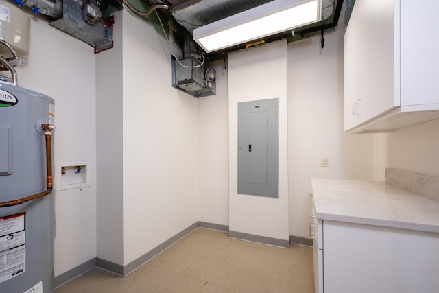 kitchen with electric panel, electric water heater, and white cabinets