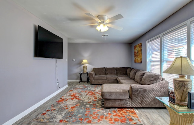 living room with hardwood / wood-style floors and ceiling fan