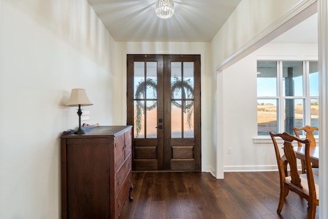 foyer featuring plenty of natural light, dark hardwood / wood-style floors, and french doors