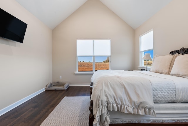 bedroom featuring lofted ceiling, dark hardwood / wood-style floors, and multiple windows