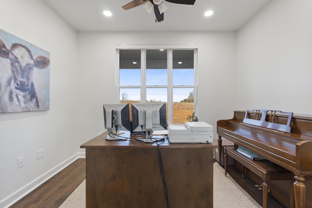 office with hardwood / wood-style flooring and ceiling fan