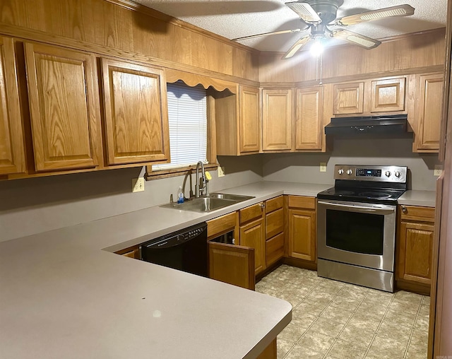 kitchen featuring stainless steel electric range oven, dishwasher, sink, ceiling fan, and a textured ceiling