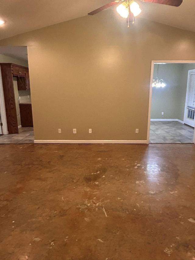 unfurnished room with lofted ceiling and ceiling fan