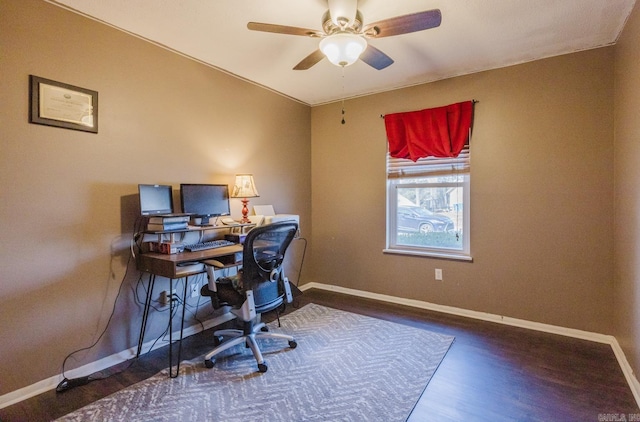 office area featuring ceiling fan and dark hardwood / wood-style floors