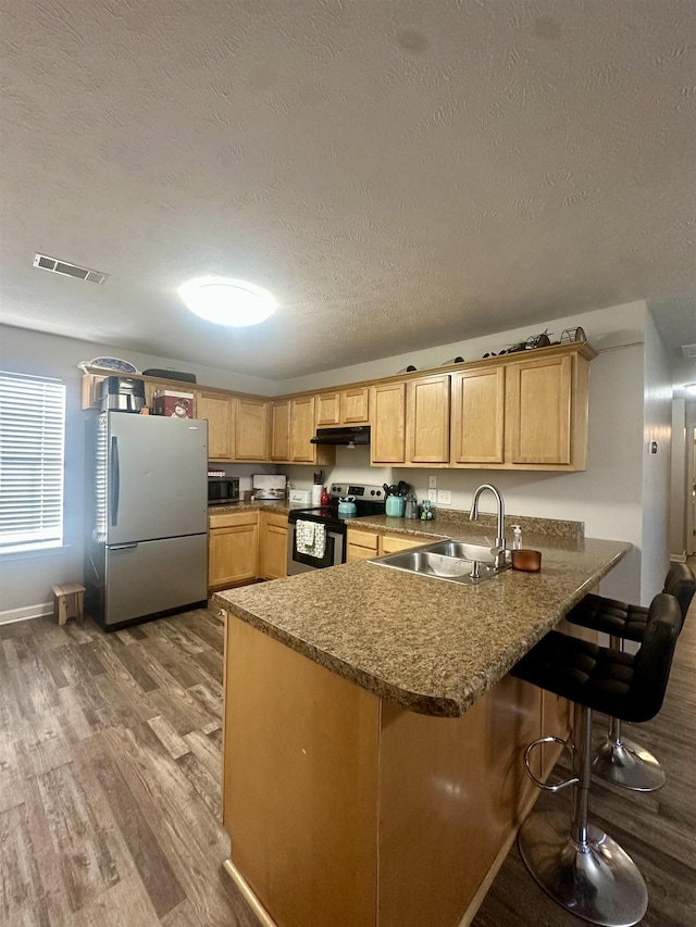 kitchen with sink, a textured ceiling, kitchen peninsula, hardwood / wood-style flooring, and stainless steel appliances