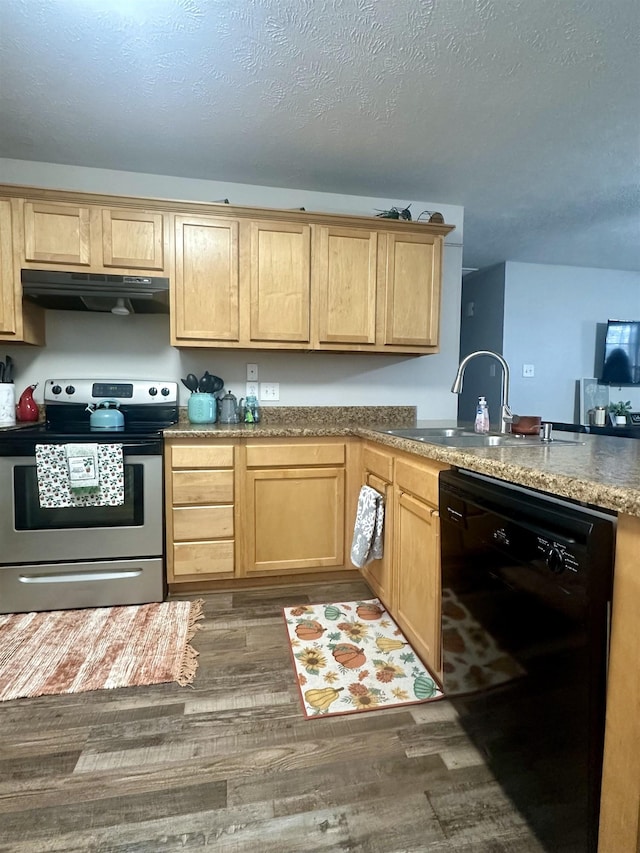 kitchen with electric stove, sink, dark wood-type flooring, range hood, and black dishwasher