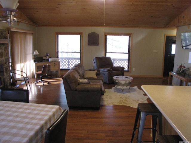 living room with dark hardwood / wood-style floors, vaulted ceiling, and wooden ceiling