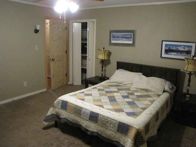 bedroom with crown molding, carpet floors, and ceiling fan