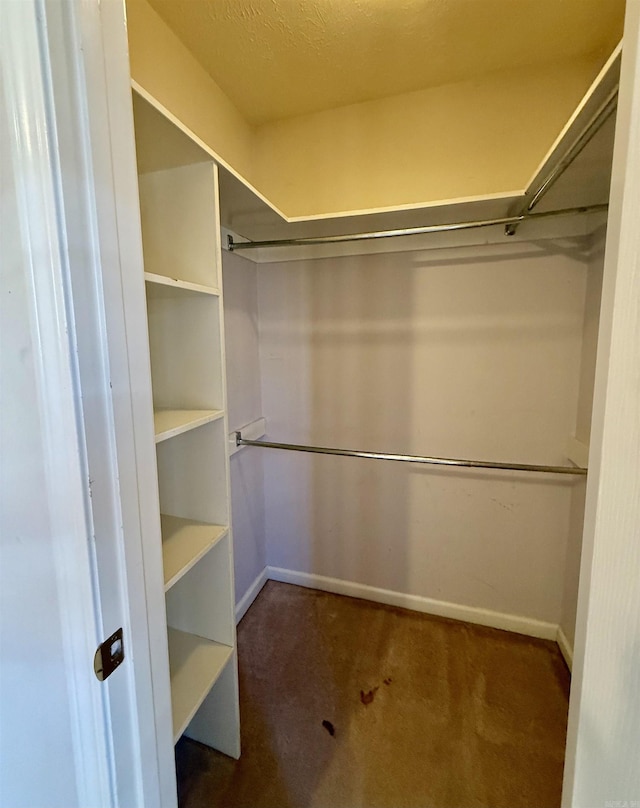 walk in closet featuring dark carpet