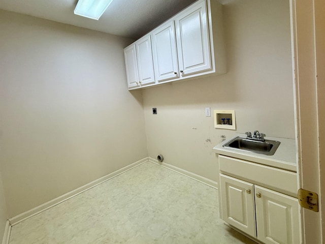 clothes washing area with cabinets, sink, hookup for a washing machine, and electric dryer hookup