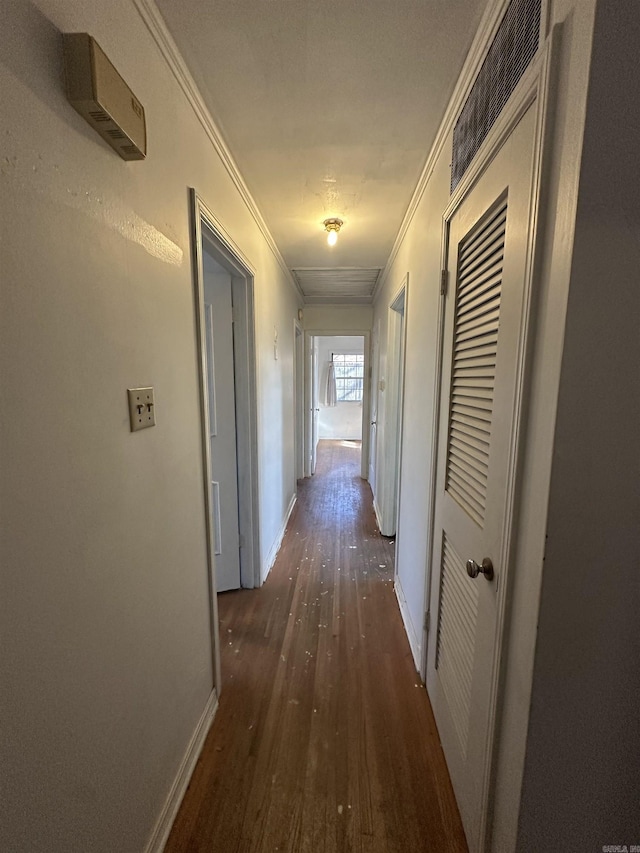 hallway with crown molding and dark wood-type flooring