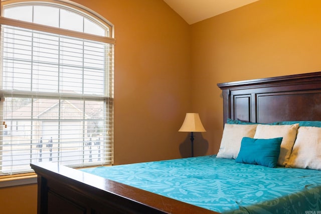 bedroom with multiple windows and vaulted ceiling