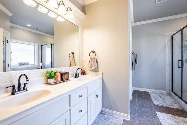 bathroom with a shower with door, ornamental molding, tile patterned flooring, and vanity