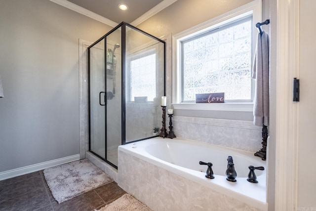 bathroom with tile patterned flooring, crown molding, and shower with separate bathtub