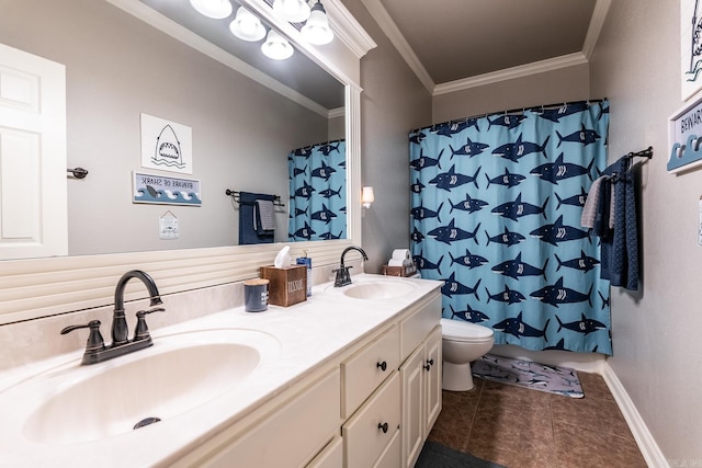 bathroom with ornamental molding, vanity, walk in shower, toilet, and tile patterned floors