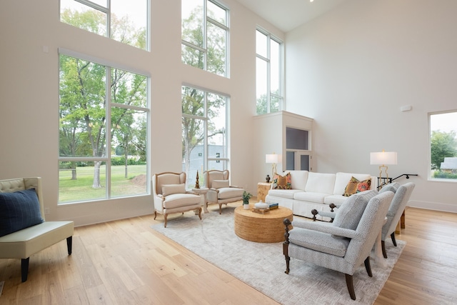 living room featuring a high ceiling and light wood-type flooring