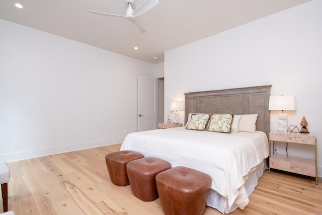 bedroom featuring ceiling fan and light wood-type flooring