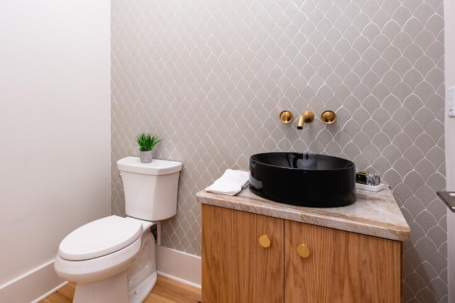 bathroom with vanity, toilet, and hardwood / wood-style floors