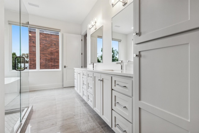 bathroom featuring vanity and plus walk in shower