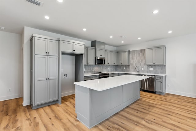 kitchen with sink, gray cabinets, stainless steel appliances, a center island, and tasteful backsplash