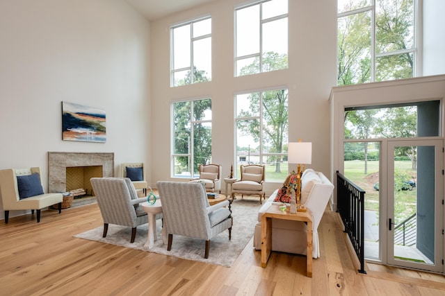 living room with light hardwood / wood-style flooring, a towering ceiling, a fireplace, and a healthy amount of sunlight