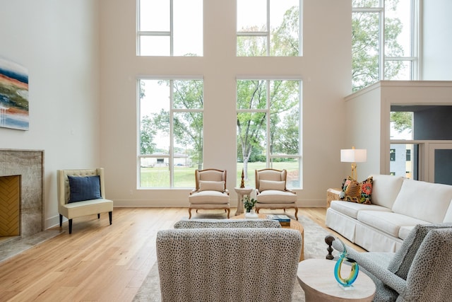 living room with a high end fireplace, light hardwood / wood-style floors, and a high ceiling