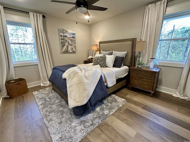 bedroom featuring ceiling fan, wood-type flooring, and multiple windows