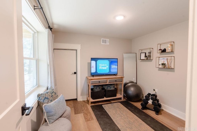 exercise area featuring hardwood / wood-style flooring