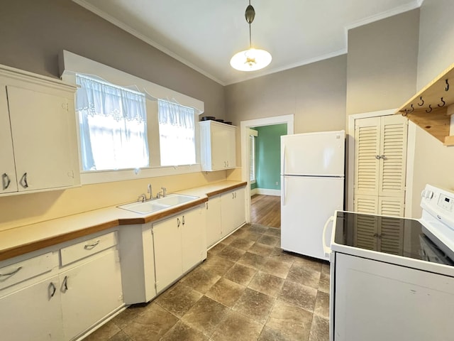 kitchen featuring sink, ornamental molding, pendant lighting, white appliances, and white cabinets