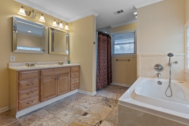 bathroom featuring vanity, tiled tub, and ornamental molding