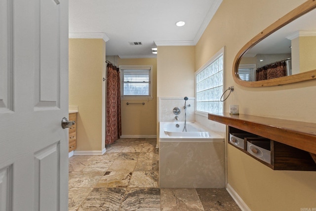 bathroom with vanity, separate shower and tub, and crown molding