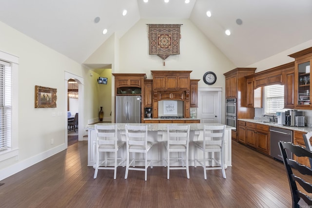 kitchen featuring stainless steel appliances, a large island, a breakfast bar, and high vaulted ceiling