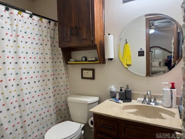 bathroom with vanity, toilet, and a shower with shower curtain