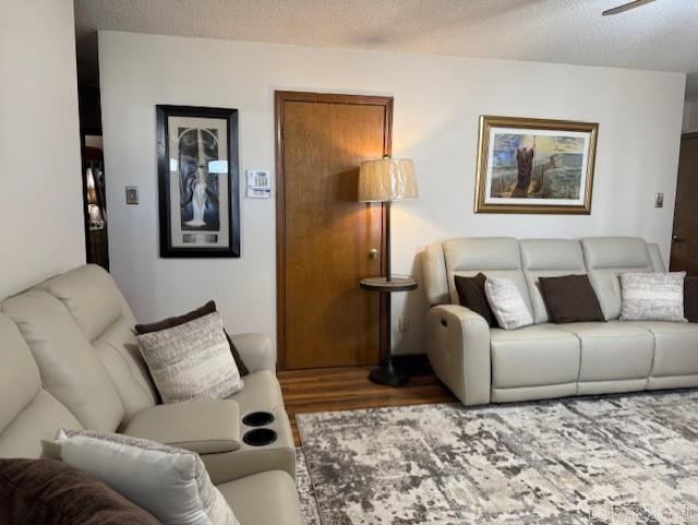 living room featuring ceiling fan, a textured ceiling, and light hardwood / wood-style floors