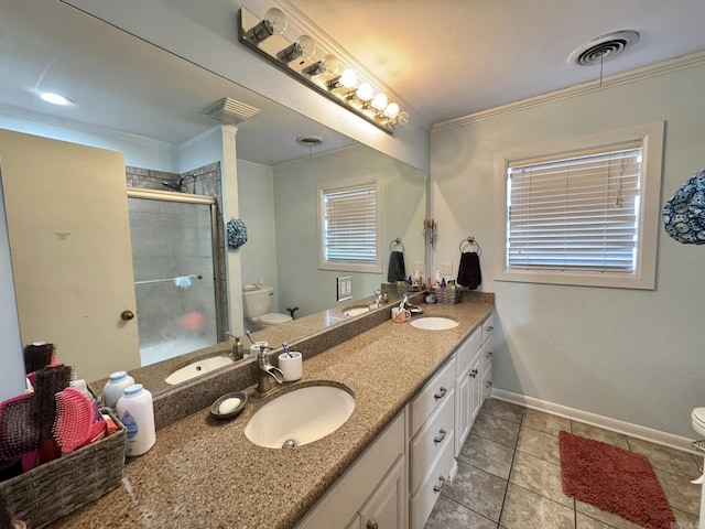 bathroom featuring tile patterned flooring, an enclosed shower, ornamental molding, and toilet