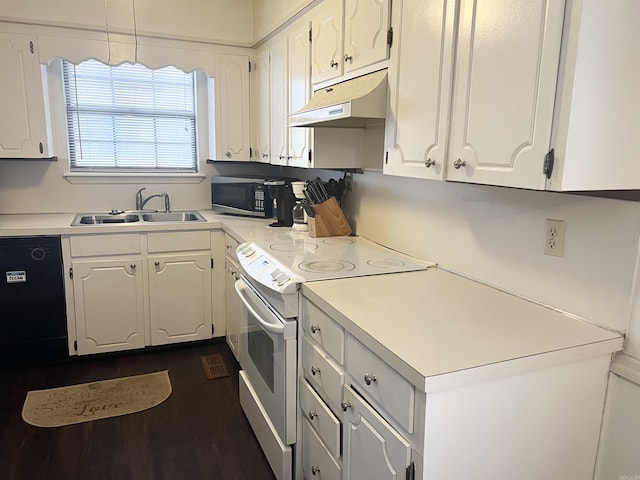 kitchen with black dishwasher, white range with electric stovetop, sink, and white cabinets