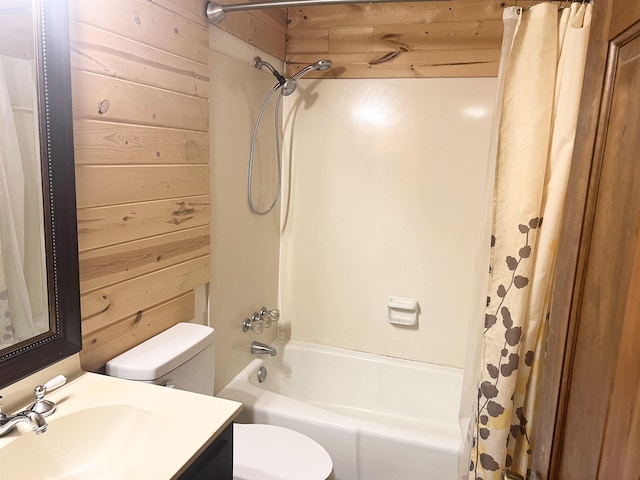 full bathroom featuring shower / bathtub combination with curtain, vanity, wooden walls, and toilet