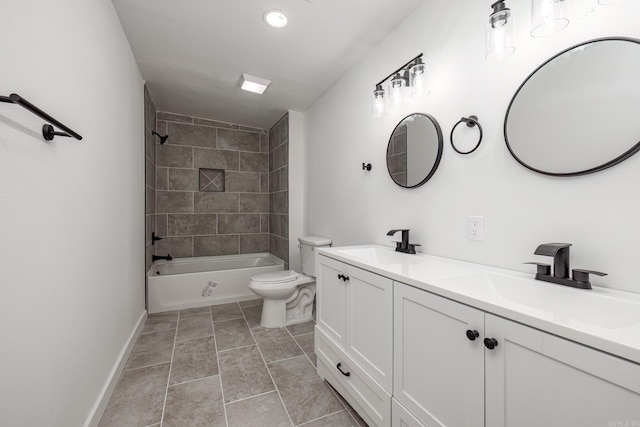 full bathroom with tiled shower / bath, vanity, toilet, and tile patterned flooring