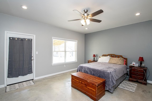 bedroom with access to exterior, concrete floors, and ceiling fan