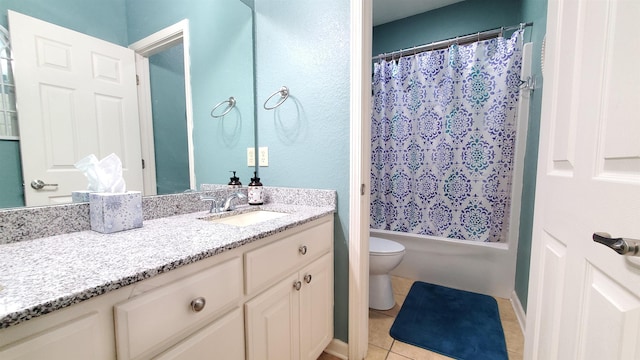 full bathroom with shower / bathtub combination with curtain, tile patterned floors, toilet, and vanity