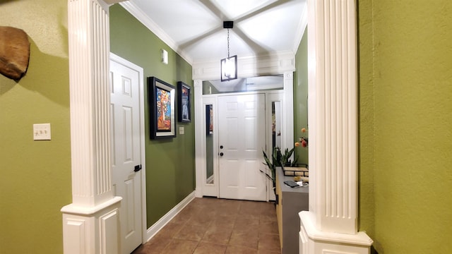 doorway featuring tile patterned flooring, crown molding, and ornate columns