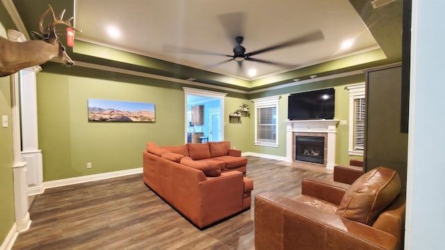 living room with hardwood / wood-style flooring, ceiling fan, and a tray ceiling