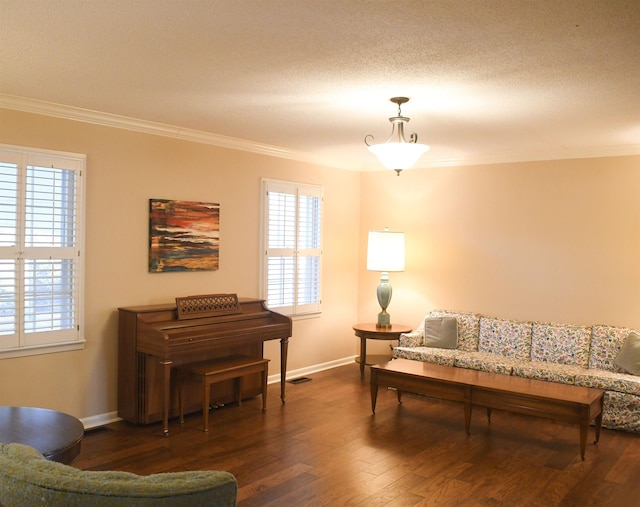 living area with ornamental molding, dark hardwood / wood-style flooring, and a textured ceiling