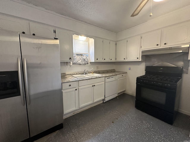 kitchen featuring white cabinetry, sink, black range with gas stovetop, white dishwasher, and stainless steel refrigerator with ice dispenser