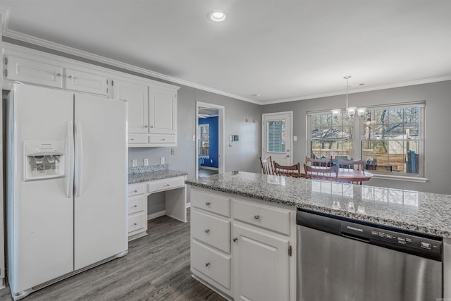 kitchen with white cabinetry, wood-type flooring, stainless steel dishwasher, white fridge with ice dispenser, and pendant lighting