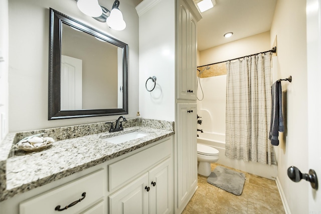 full bathroom featuring vanity, shower / bath combination with curtain, and toilet