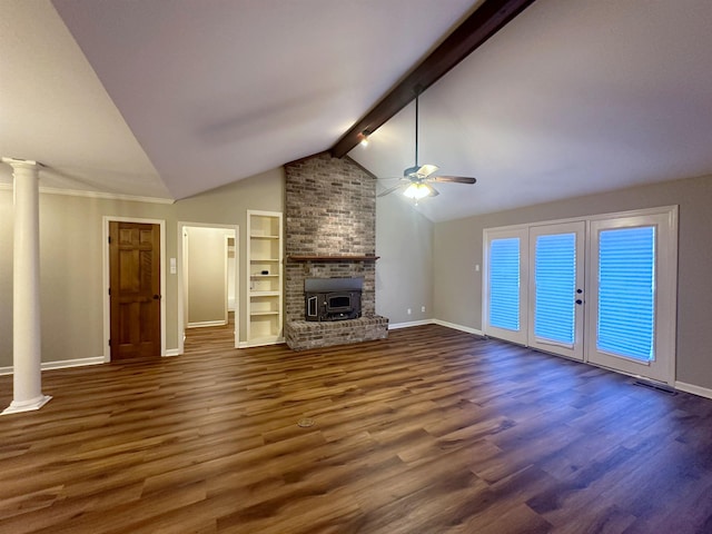 unfurnished living room featuring vaulted ceiling with beams, built in features, dark hardwood / wood-style floors, and ornate columns