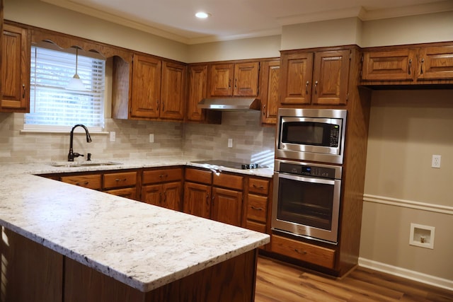 kitchen featuring sink, hanging light fixtures, stainless steel appliances, tasteful backsplash, and ornamental molding